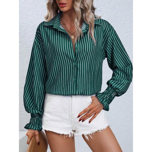 Womens Striped Button Long Sleeve Green Striped Oversized Collared Work Shirt - Picture 3 of 5